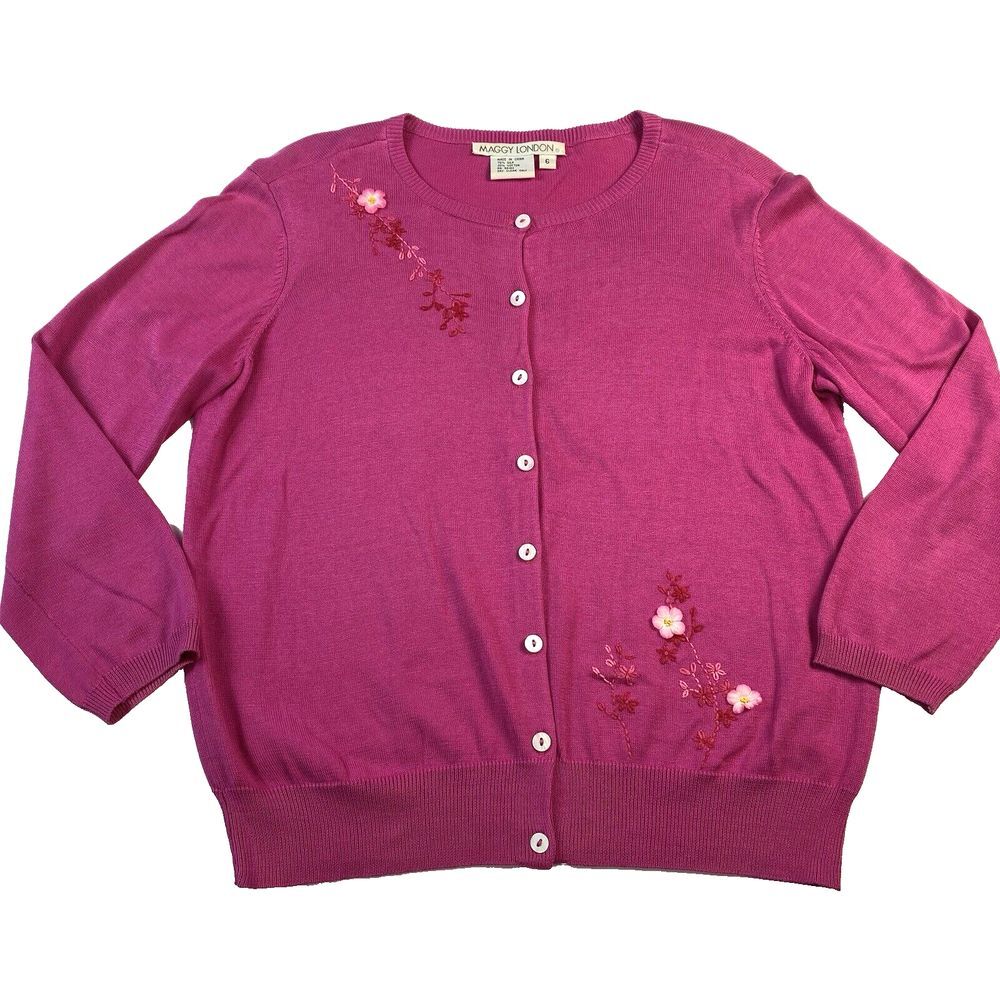 Maggy London Women's Pink Floral Embroidered Silk Blend‎ Cardigan Sweater Size 6